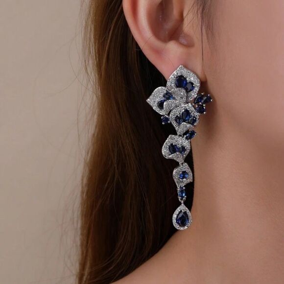 Luxury Blue Crystal Drop Earrings with sterling silver Stud - Picture 3 of 14